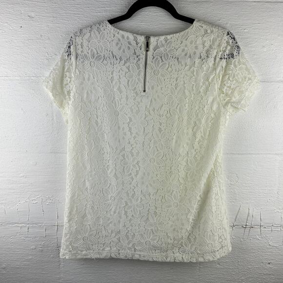 Tommy Hilfiger White Lace Short Sleeve Blouse Gold Zipper Detail (M) - Picture 7 of 8